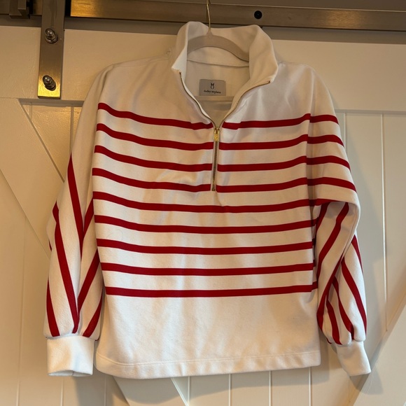 Dudley Stephens White and Red Terry Fleece Striped Marion  Zip Pullover, Sz S - Picture 2 of 5